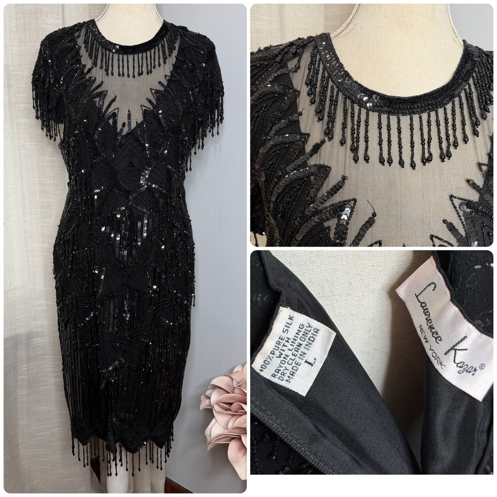 Lawrence Kazar Beaded 100% Silk Fringe Cocktail Dress Black Gown Women's Large L